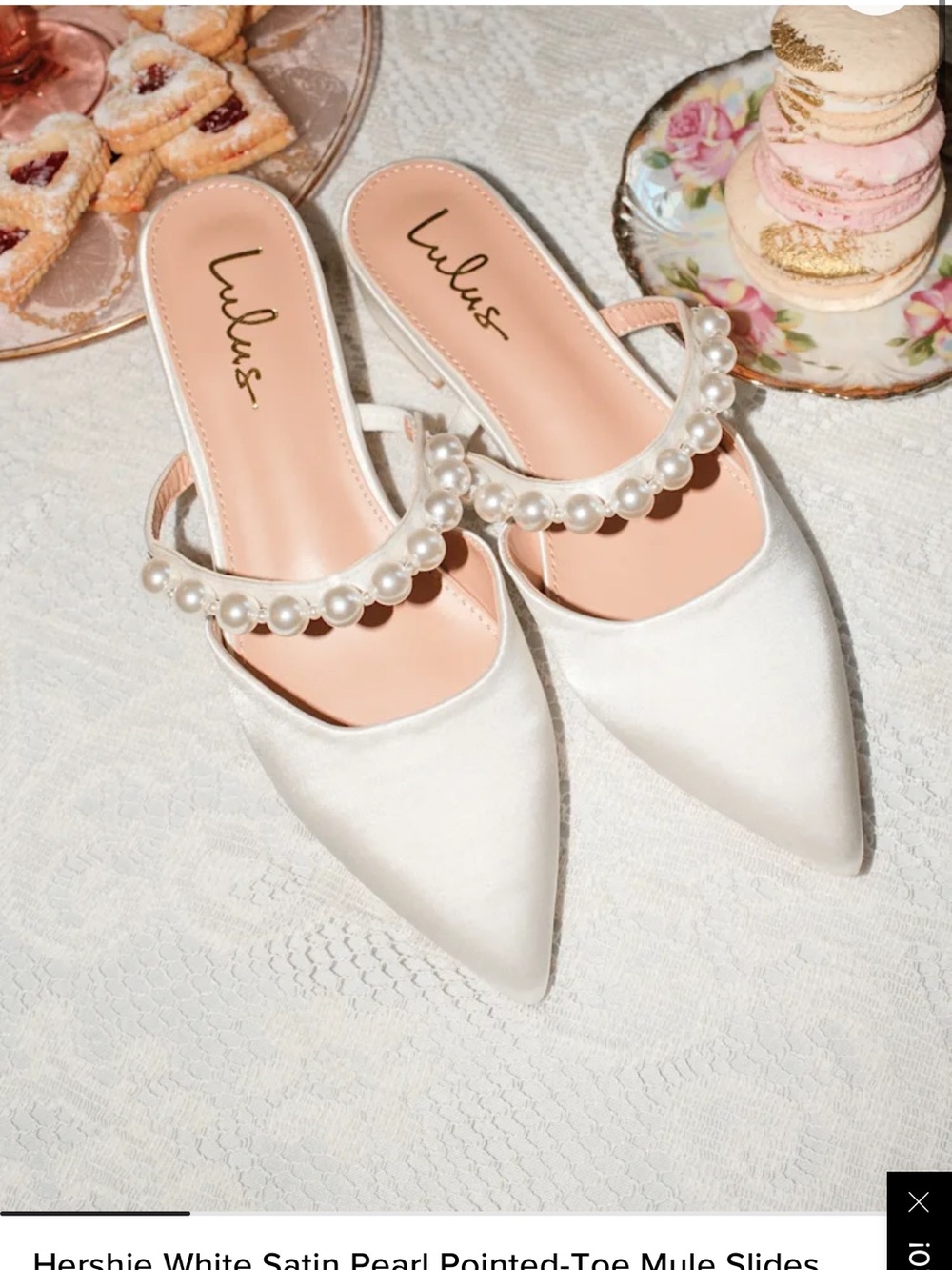 NWOT Lulu’s Hershie White Satin Pearl Pointed-Toe Mule Slides
